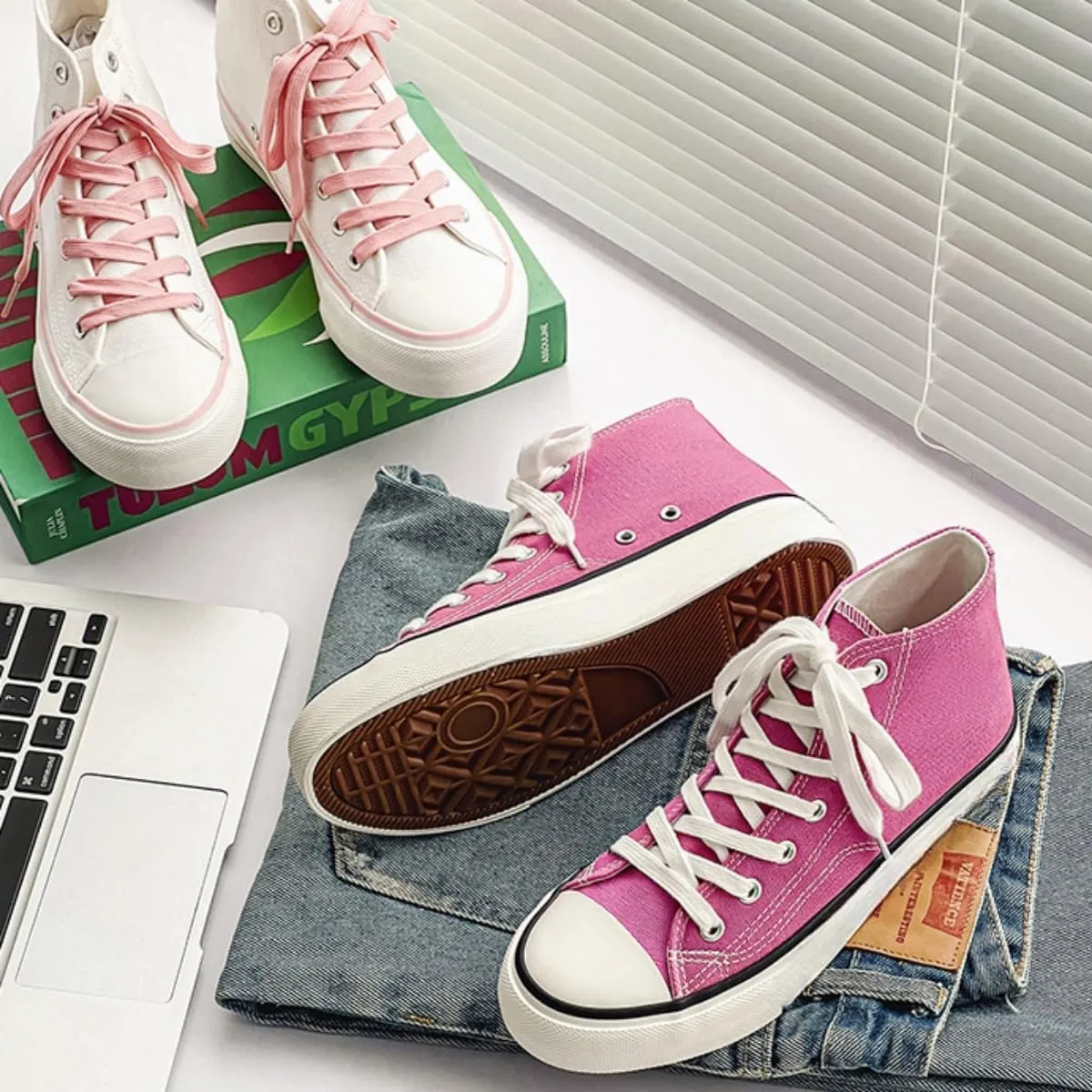 1970s Retro Canvas Sneakers Women High Top Lace-Up Vulcanized Skate Shoes Korean Style Casual Platform Shoes for Teen Girls School Spring Summer