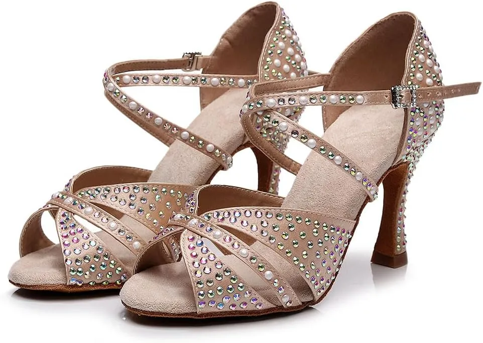 AOQUNFS Women Latin Dance Shoes Rhinestones Ballroom Salsa Professional Dancing Shoes,Model Z028