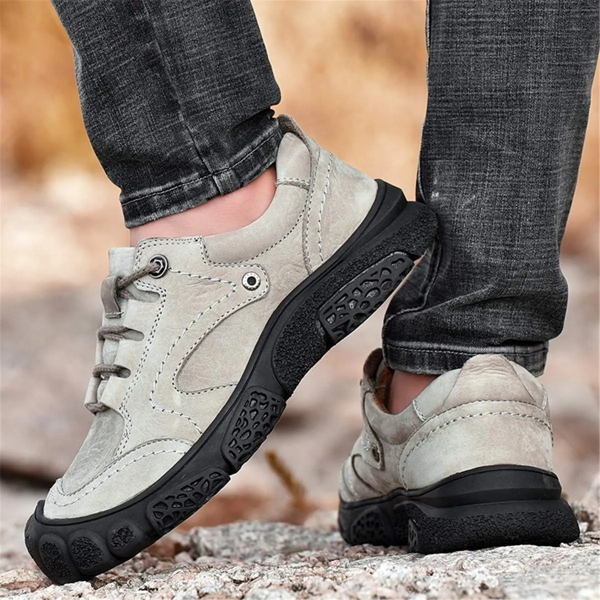 ChicWind Men's Hand Stitching Breathable Hiking Shoes Casual Lace-Up Outdoor Trekking Sneakers