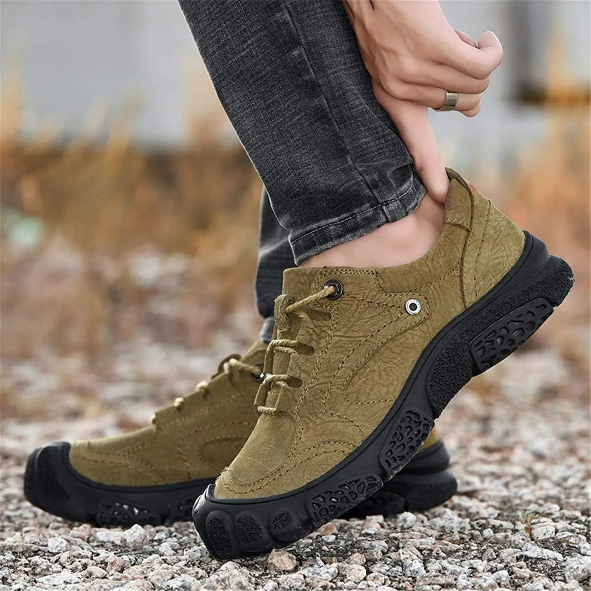 ChicWind Men's Hand Stitching Breathable Hiking Shoes Casual Lace-Up Outdoor Trekking Sneakers