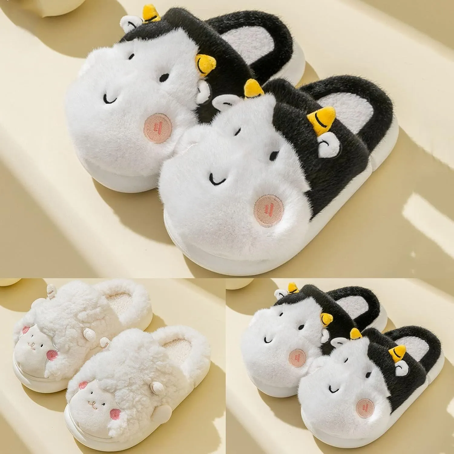 Cow Slippers for Kids Cartoon House Slippers Fuzzy Fluffy Cute Animal Slides Warm Soft Plush Lined Shoes