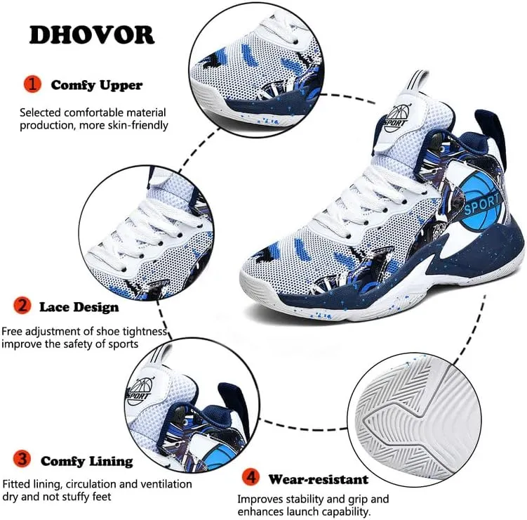 DHOVOR Boys Girls Basketball Shoes Kids Athletic Shoes Fashion Sneakers Non-Slip Tennis Shoes Boys (Big Kid/Little Kid)