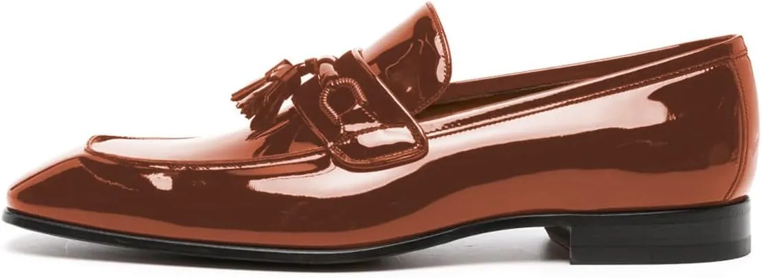 FOWT Men Glossy Square Toe Tassels Decor Loafers Low Heel Slip On Casual Daily Walking Shoes Size 4-16 US
