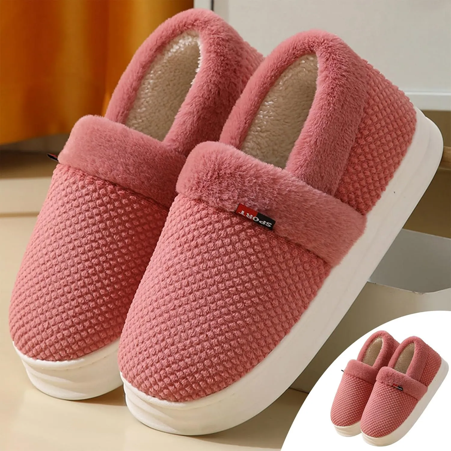 Generic Women's & Girls' Pink Fuzzy Closed Toe Slippers with Non-Slip Sole - Size 7-12 (Adult, Big Kid) - US Footwear Size System