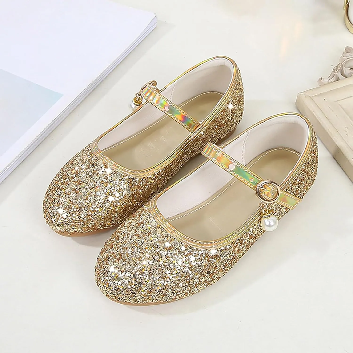 Girls Dress Shoes Low Heel Glitter Wedding Prom Party Mary Jane Shoes School Uniform Slip On Flats