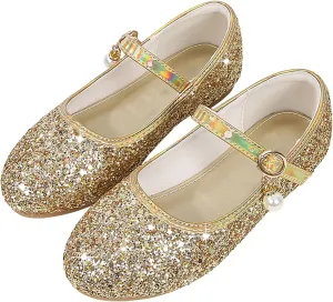 Girls Dress Shoes Low Heel Glitter Wedding Prom Party Mary Jane Shoes School Uniform Slip On Flats
