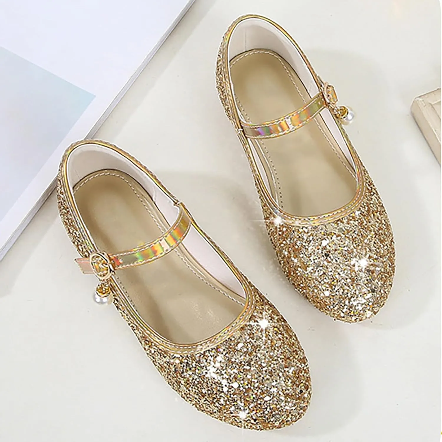 Girls Dress Shoes Low Heel Glitter Wedding Prom Party Mary Jane Shoes School Uniform Slip On Flats