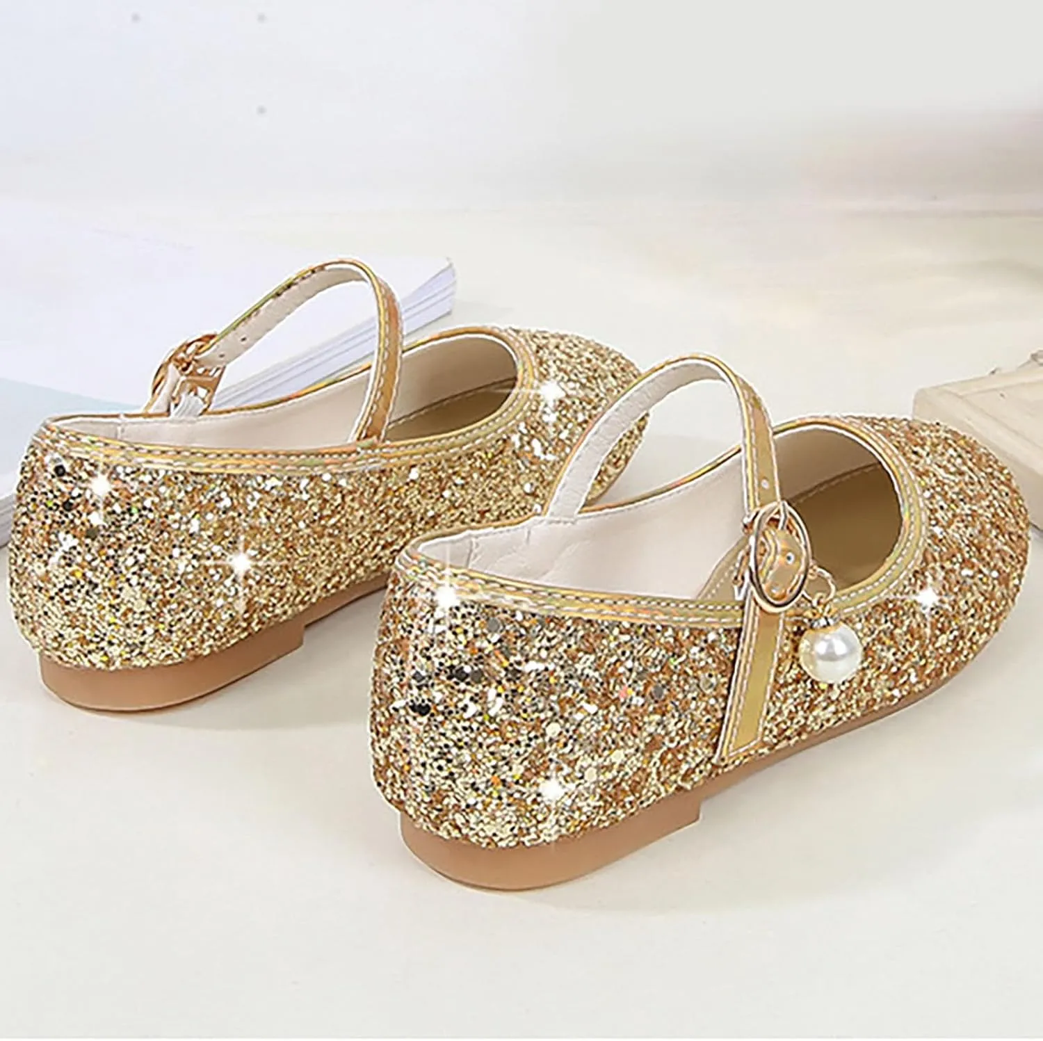 Girls Dress Shoes Low Heel Glitter Wedding Prom Party Mary Jane Shoes School Uniform Slip On Flats