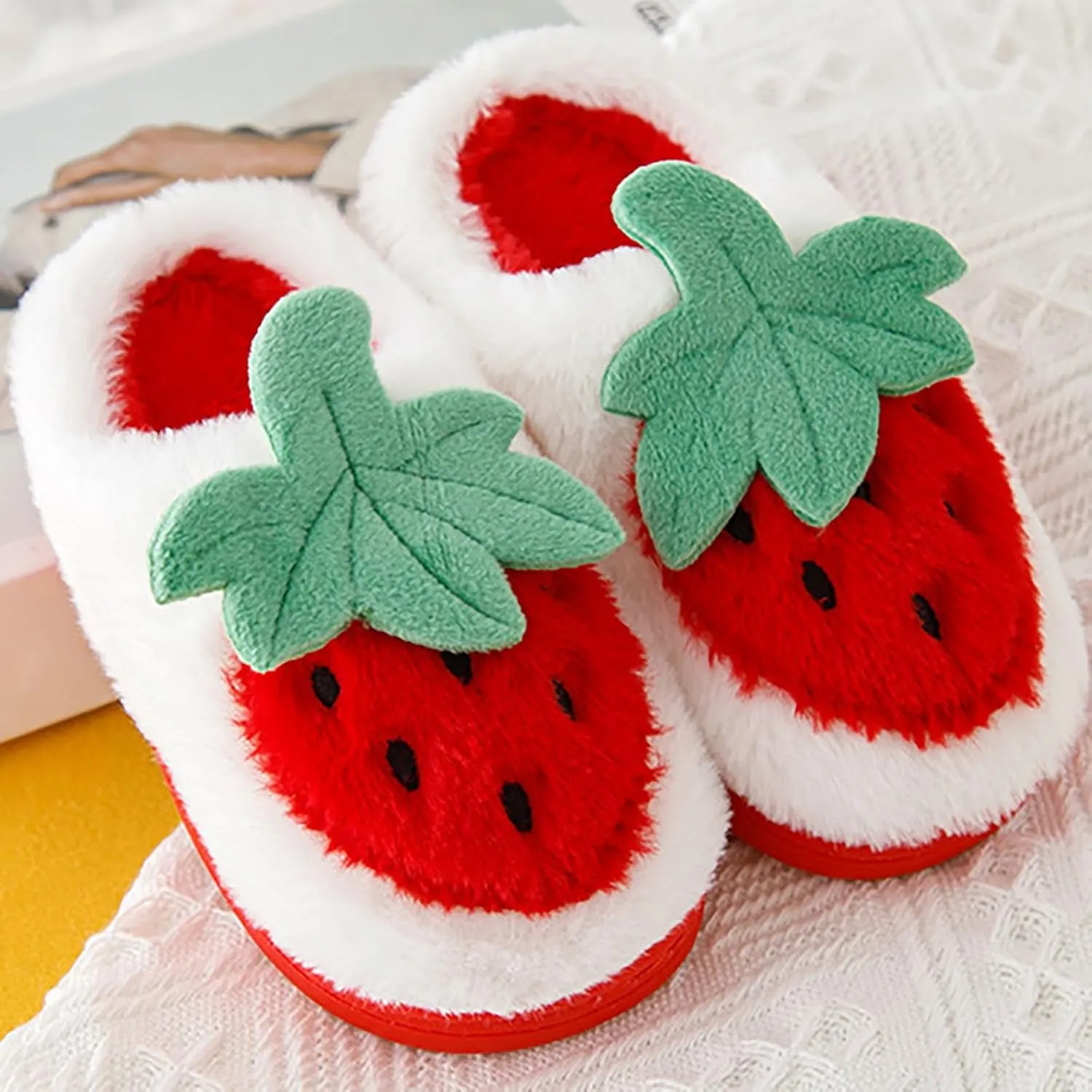 Kids Cute Strawberry ??ushroom Slippers Soft Bottom Comfort Slippers Fleece Plush Warm Cozy Outdoor Tween Shoes