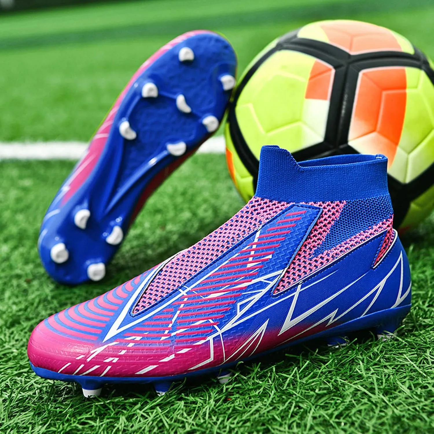 Meidiastra Men Soccer Cleats Professional Football Training Turf Sneakers Indoor Outdoor Football Athletic Shoes Unisex Laceless Spikes Soccer Shoes