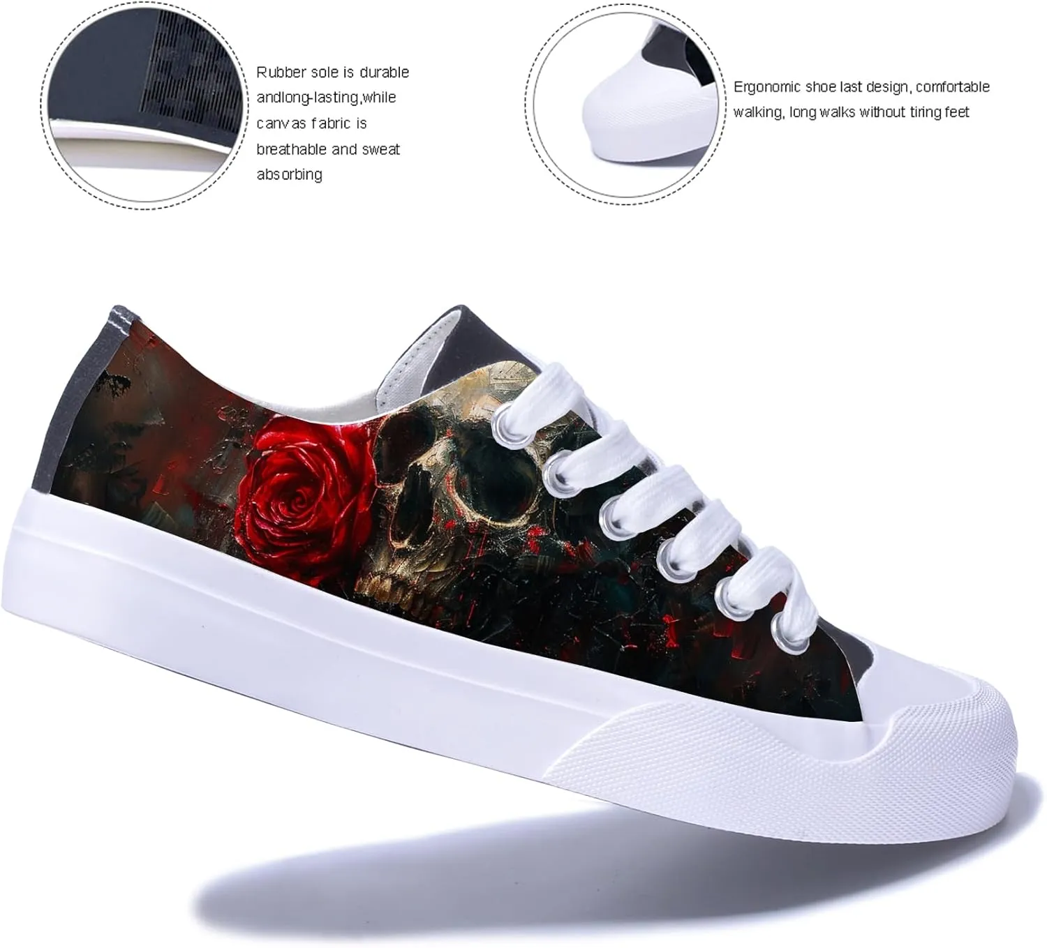 Men Skull Printed Shoes Custom Personalized Design Cool Print Low Top Fashion Sneakers for Teen Boys Girls Student Women Canvas Shoes Cosplay Classic Casual Shoes