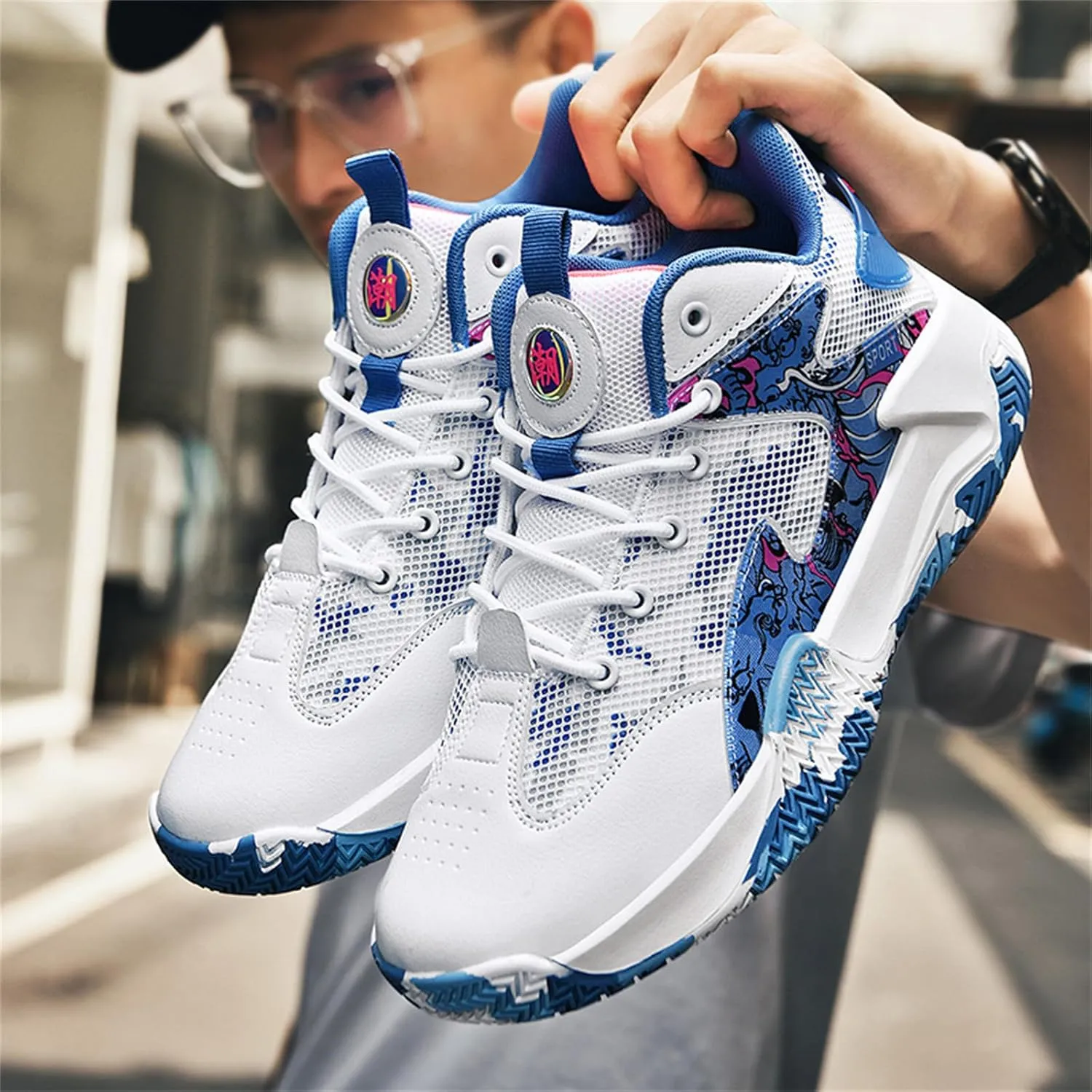 Men's Breathable Mesh Lace Up Basketball Shoes Fashion High-Top Non-Slip Sneakers Casual Gym Sports Tennis Jogging Shoes