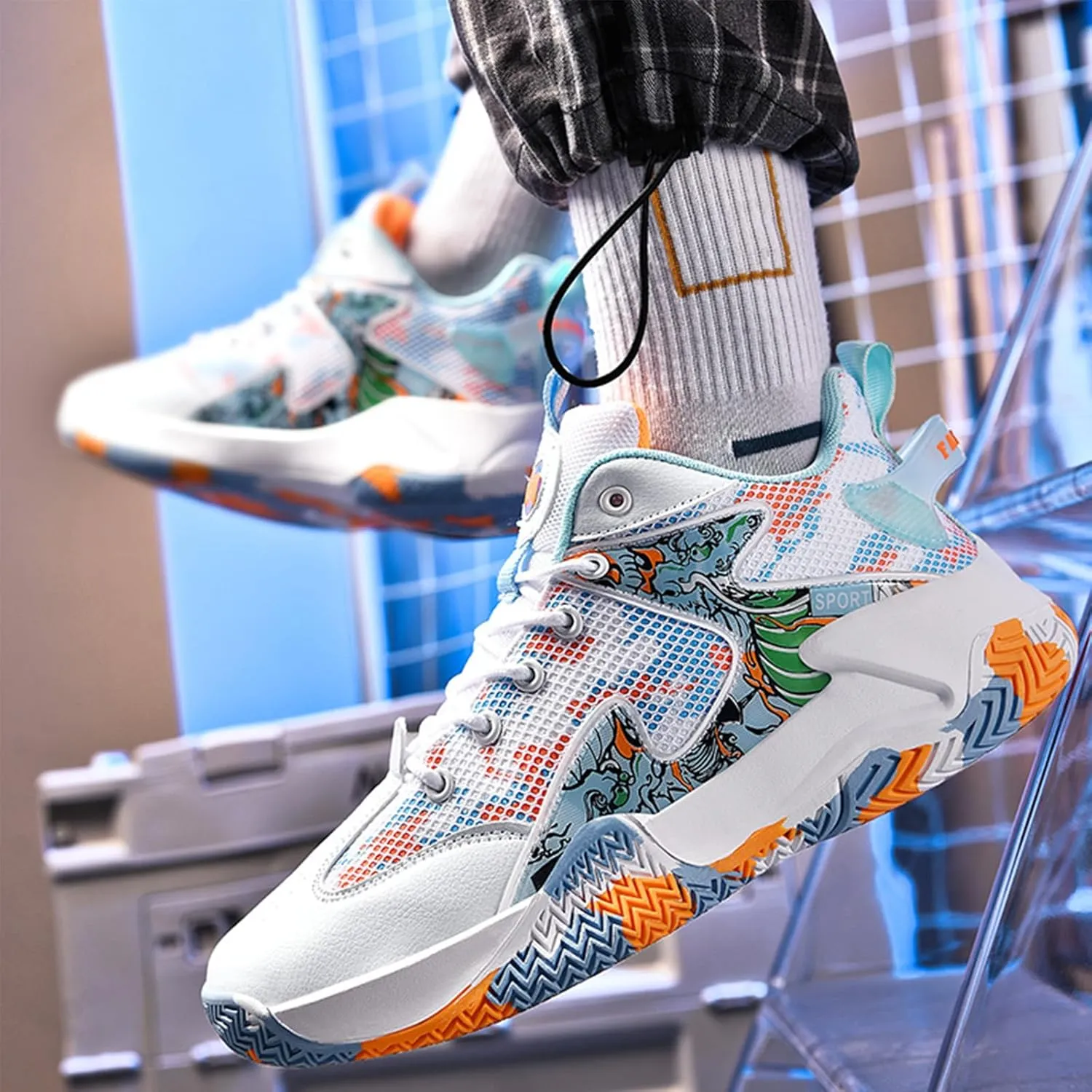 Men's Breathable Mesh Lace Up Basketball Shoes Fashion High-Top Non-Slip Sneakers Casual Gym Sports Tennis Jogging Shoes