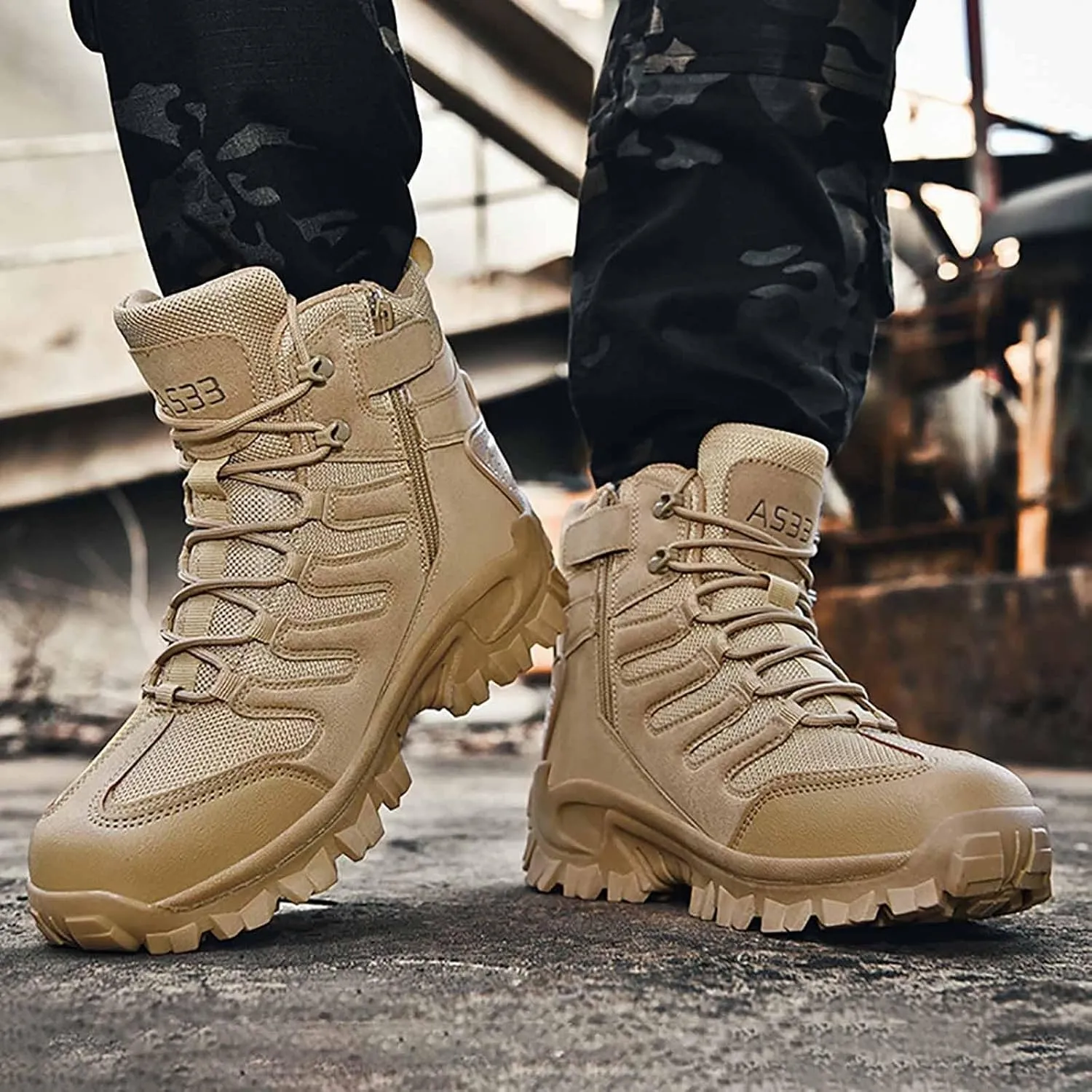 Mens Tactical Boots, Side Zipper Desert Boots Durable Suede Leather Military Work Boots Water Resistant Lightweight Hiking Boots Men's Military Tactical Boot