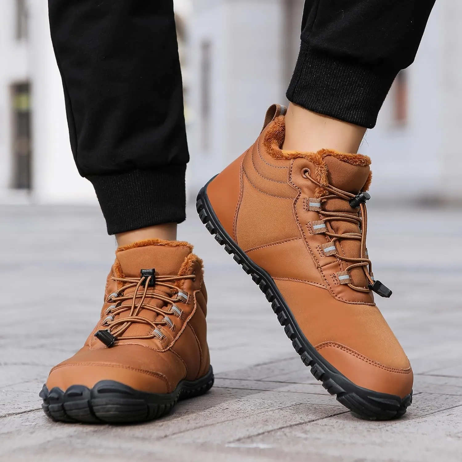 Mens Womens Winter Snow Boots Faux Sherpa Lined Waterproof Snow Sneakers Slip On Barefoot Wide Toe Box Ankle Boots