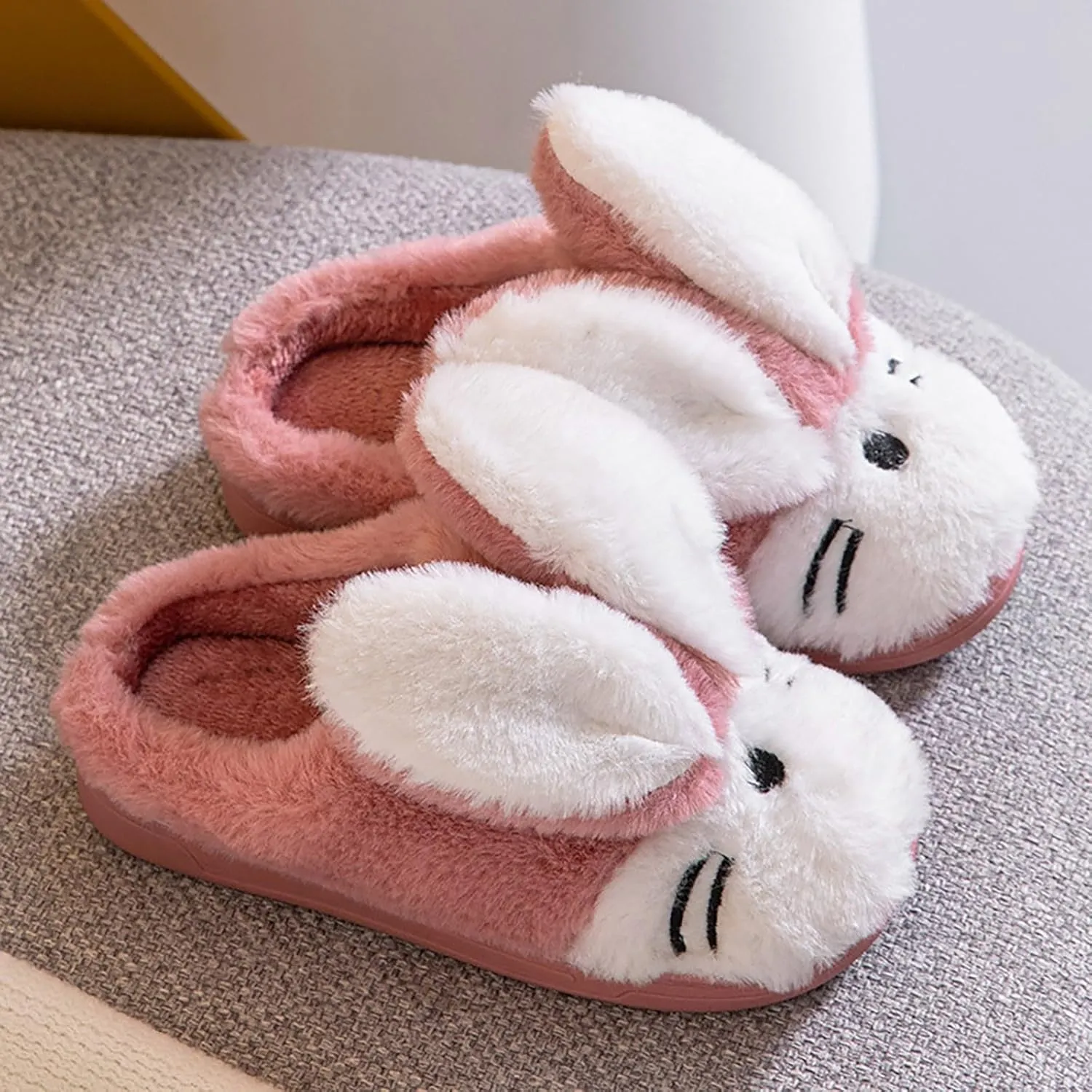 Sole Leather Bunny Ear Slippers for Toddler Baby Boys Girls Kids Fuzzy Non Slip Ankle Flat Shoes Indoor Bedroom Slipper