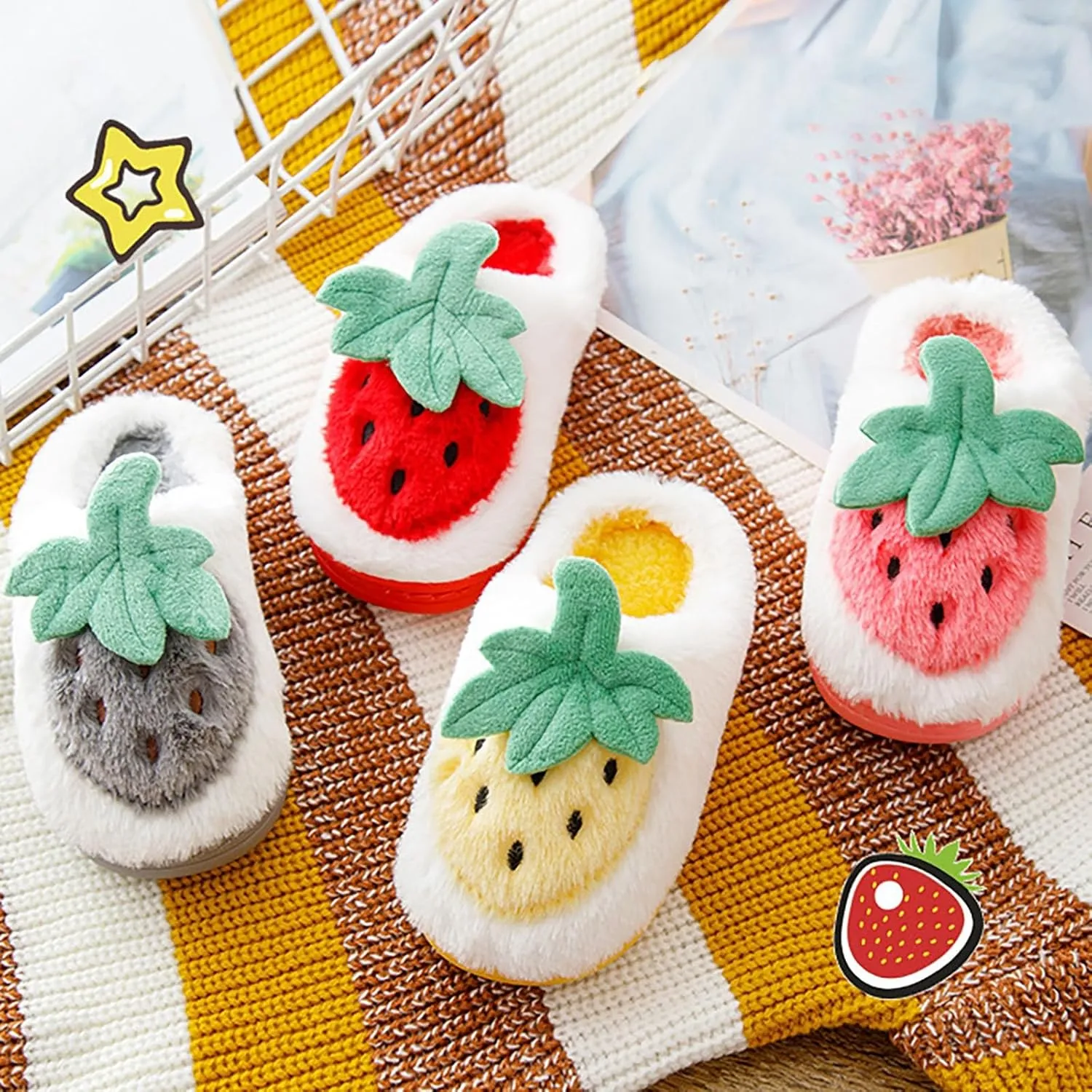 Sweet Strawberry Slippers for Toddler Kids Winter Cute ??ozy House Shoes Girl Boy Warm Fleece House Slippers