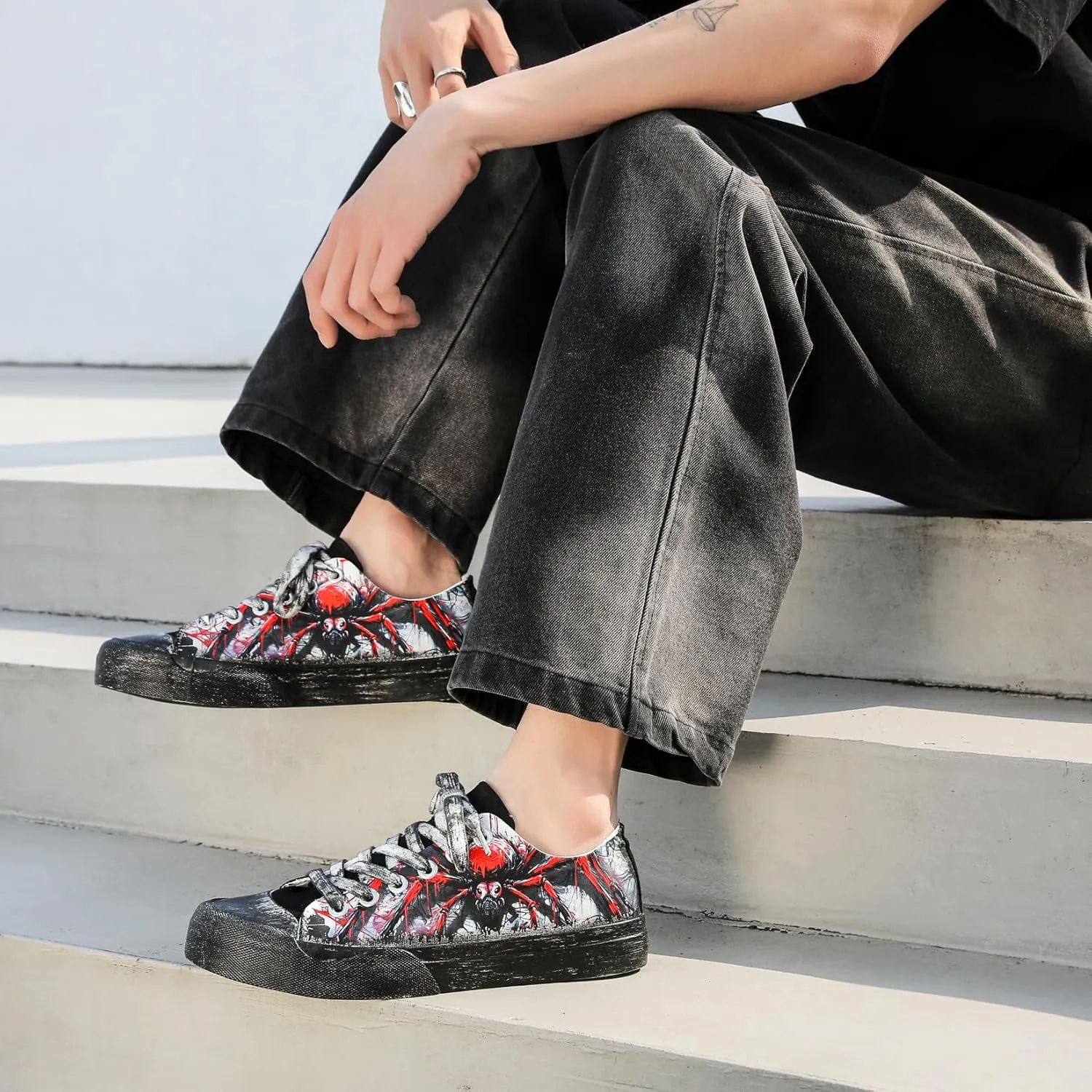 Unisex Spider Web Canvas Fashion Sneakers Vintage Low Top Casual Shoes for Men & Women Comfortable Walking Streetwear