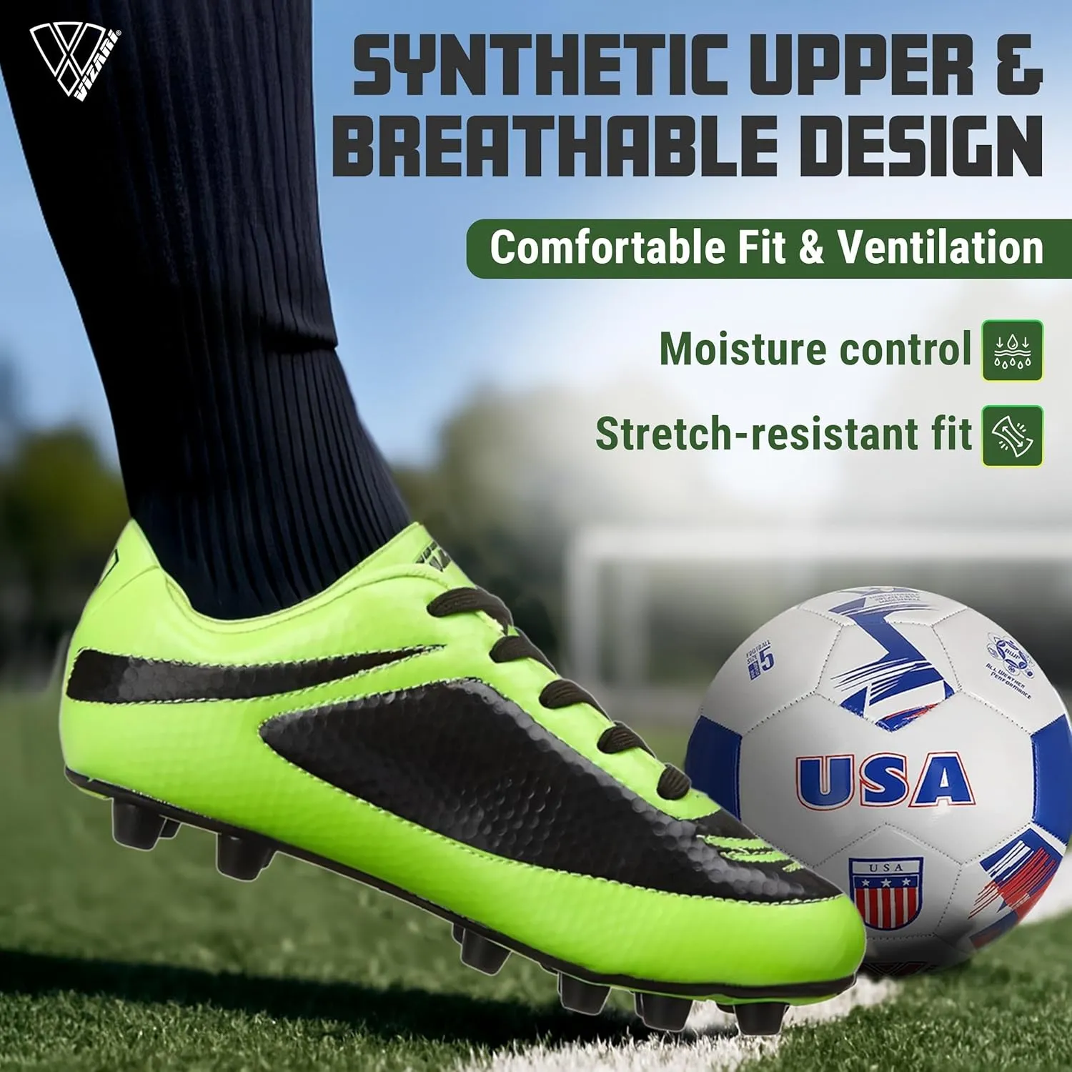 Vizari USA Boys Girls Soccer Cleats | Youth Firm Ground Athletic Outdoor Football Shoes for Toddler, Little Kid, Big Kid | Lightweight & Durable