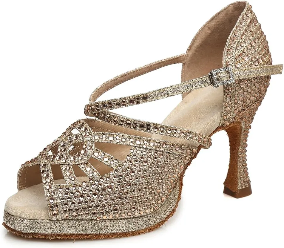 Women's Latin Dance Shoes Open Toe Suede Sole Performence Wedding Party Ballroom Salsa Platform Dancing Heels,Model YC-L458