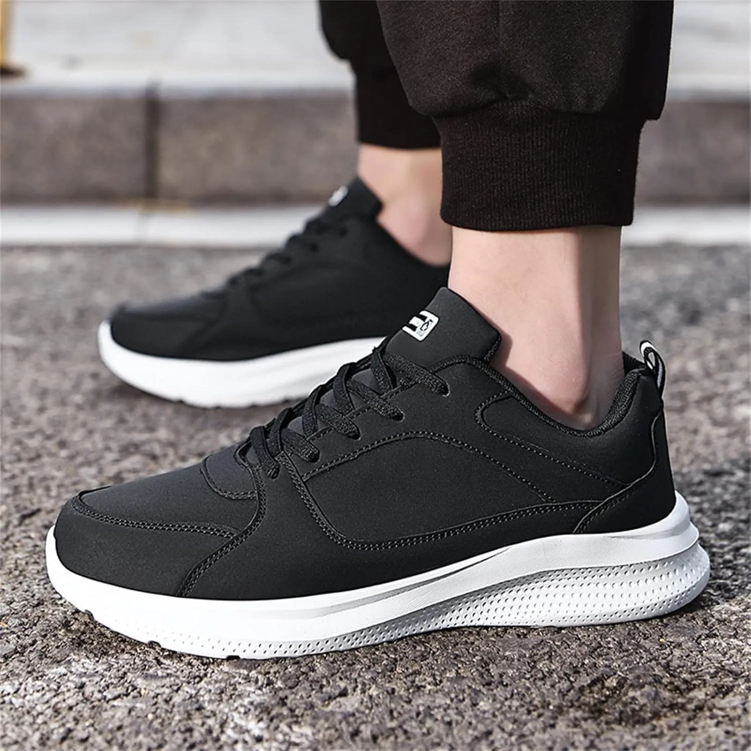 Workout Athletic Sport Shoes for Men Leather Solid Lace Up Shoes Non Slip Running Sneaker Jogging Shoes for Men