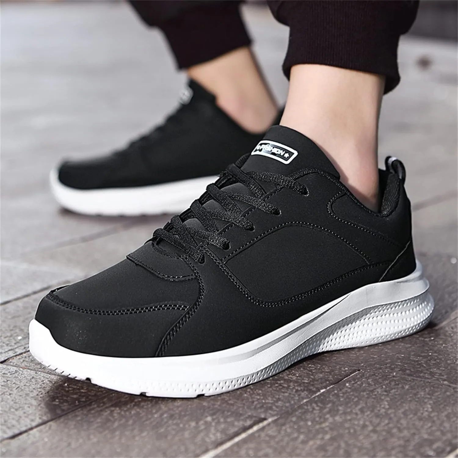 Workout Athletic Sport Shoes for Men Leather Solid Lace Up Shoes Non Slip Running Sneaker Jogging Shoes for Men